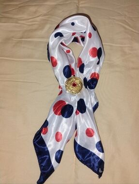Polka Dot Navy & Red Silk Scarf with Gold Brooch